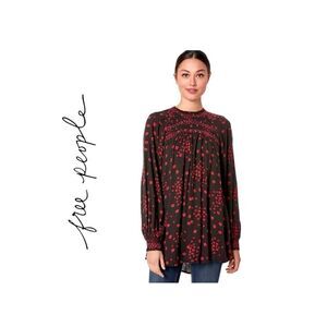 Free People Floral Black/Red Long Mocked Neck Tunic Sz M